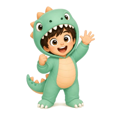Mascota Milosaurio, niño disfrazado de dinosaurio saludando